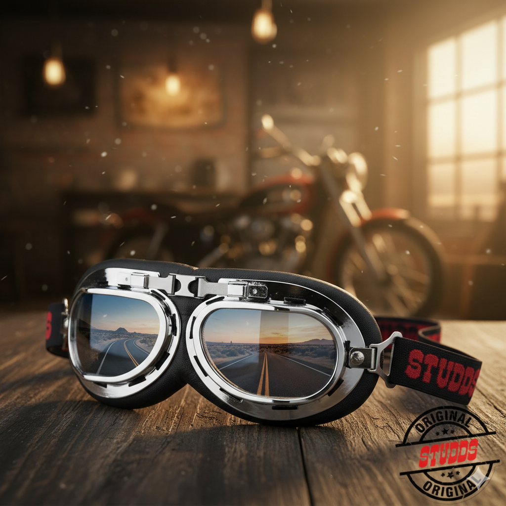 Ride in style with Studds Vintage Biking Goggles. Featuring a classic chrome frame, 100% polycarbonate lenses, and UV protection. Universal fit for all riders!